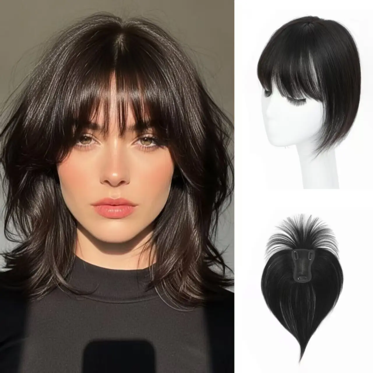 10 Inch Clip-in Human Hair Topper with bangs, 3×4.5 Inch Handmade Swiss Lace Base for Ladies