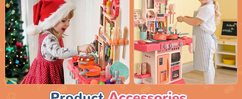 cossy Kids Play Kitchen,Toddler Kitchen with Sound and Light,Cooking Stove with Steam,Play Food Toy and Kitchen Accessories,Play Kitchen for Toddlers,Pink