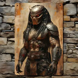 1PC 2D Plane Hunter Skull Mask Vintage Metal Foil Sign, 20.32x30.48 cm Vintage Art Decor Poster, Suitable for Home, Garage, Club, Restaurant Wall Decoration, Outdoor Plaque, Holiday Decoration with Pre-Cast Holes, Easy to Hang, No Electricity Needed