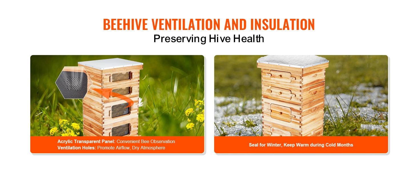 VEVOR Bee Hive 40 Frame Bee Hives Starter Kit,  Beeswax Coated Cedar Wood, 2 Deep + 2 Medium Bee Boxes Langstroth Beehive Kit, Transparent Acrylic Windows with Foundations for Beginners Pro Beekeepers