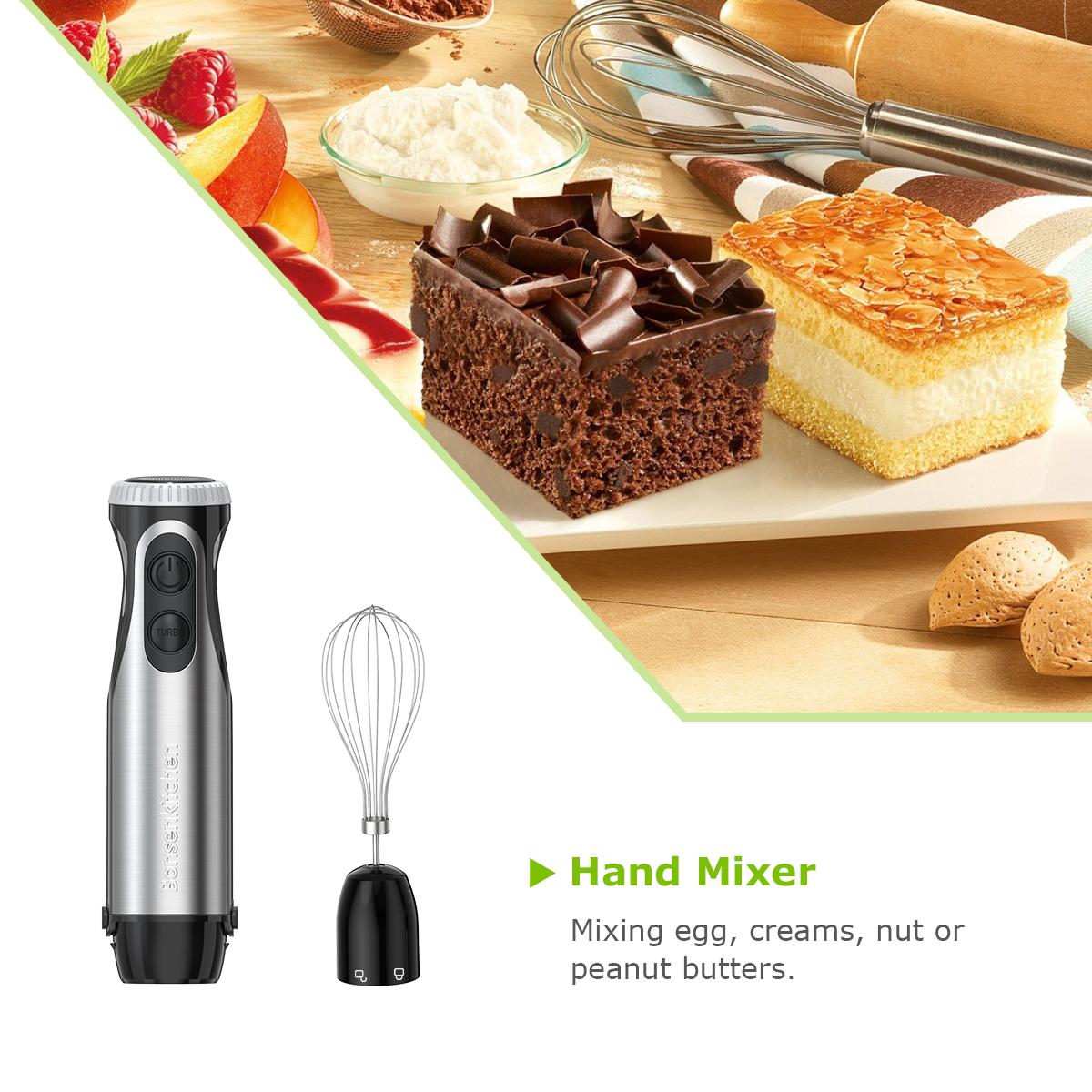 Bonsenkitchen Immersion Blender, 20 Variable Speeds & Turbo, 4-In-1 Stainless Steel Handheld Blender Stick Mixer with Egg Whisk, Beaker & Chopper Bowl electric mixer Bonsenkitchen Immersion Blender, 20 Variable Speeds & Turbo, 4-In-1 Stainless Steel Handheld Blender Stick Mixer with Egg Whisk, Beaker & Chopper Bowl electric mixer