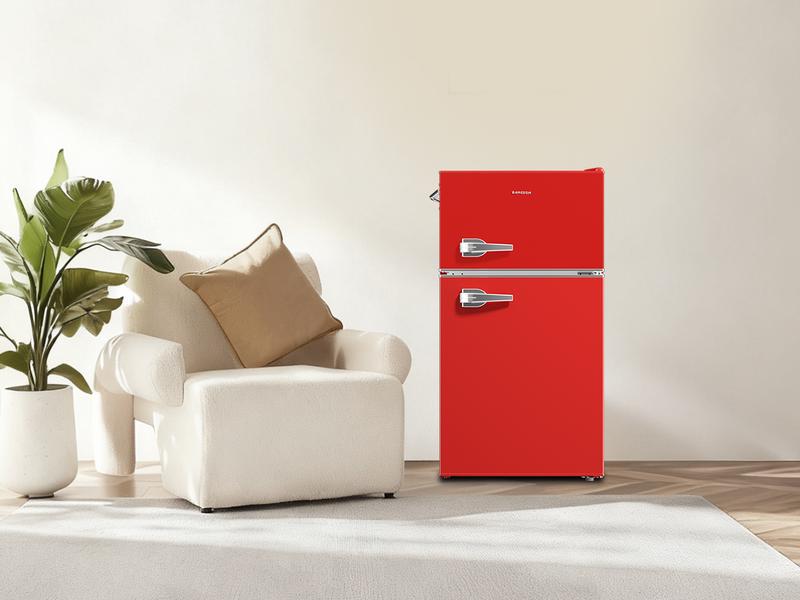 BANGSON 3.2 Cu.Ft Retro Double-Door Mini Fridge with Top Freezer, Adjustable Thermostat, Energy-Efficient & Quiet, Compact & Easy to Clean, for Office/Apartment/Dorm, Red, Black, Cream White