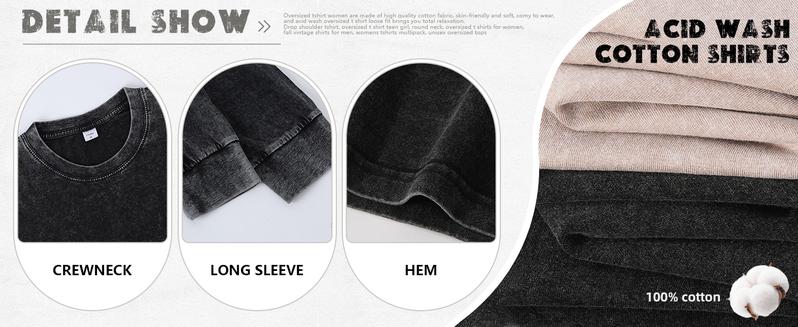 Yimoon 3 Pack Oversized T-Shirts for Women And Men Cotton Long Sleeve Vintage Acid Wash Baggy T Shirts