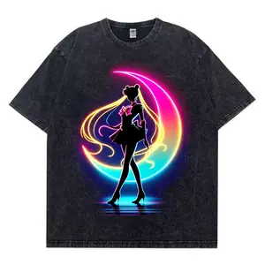 Sailor Moon Neon Moon Anime Vintage Washed T-Shirt Double Sided Retro Graphic Tee for Anime Fans Women Men Manga Convention Cosplay Gift