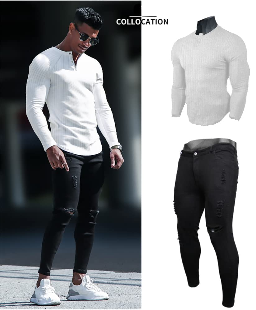 MUSCLE CMDR Men's Ribbed Slim Fit Long Sleeve Henley Shirt - Fitted Cotton Knit Basics Top, Button Detail, Father's Day Gift, Casual Menswear, Round Neck Male Clothing