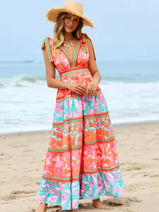 Popvil The Ultimate Island Vacation Dress  | Vibrant Tropical Tiered Maxi | Tie-Shoulder Open Back Sundress, Backless Resort Wear