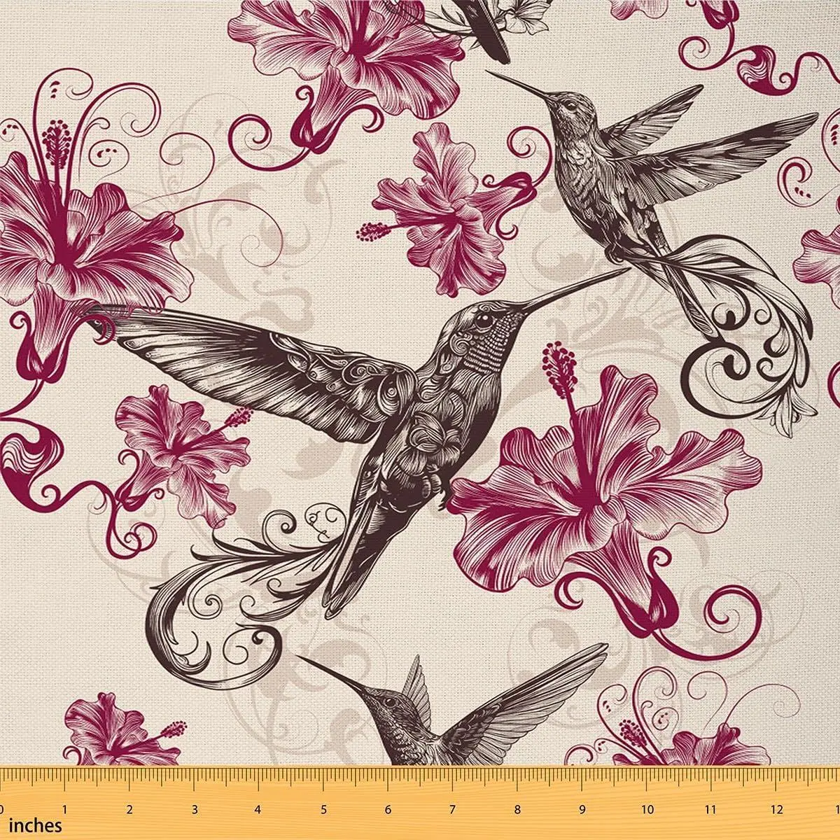 Feelyou Hummingbird Polyester Fabric by the Yard - Medium Weight, Waterproof, Vintage Purplish Red Floral Motifs, Indoor/Outdoor Wild Bird Decor for Upholstery, Home Accents & DIY Crafts