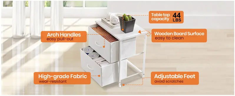 Sweetcrispy Bedside Table - 2 Fabric Drawers, Adjustable Height Legs, Functional Indoor Bedside Storage for Small Bedroom Spaces, Apartment Furniture, Household Items, Room Decor