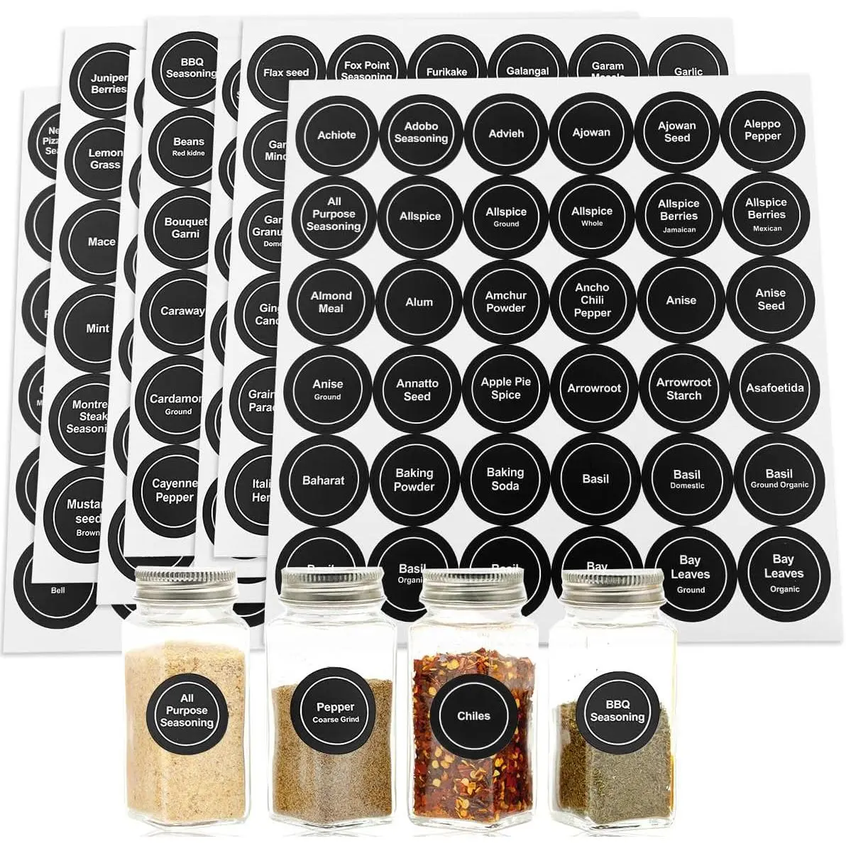 Modern Round Spice Label Stickers - 432 Pcs 1.4-in Self-Adhesive Set, Waterproof, Tear-Resistant, Preprinted & Blank Designs for Kitchen Jars, 1.4-Inch