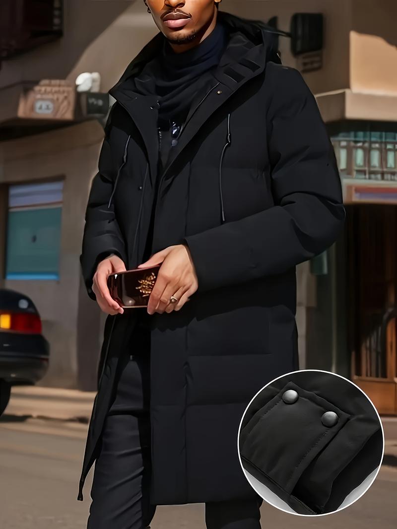 Men's long coat with hood, warm and thick polyester fiber, large pockets, zippered winter jacket, suitable for casual wear, essential for cold weather