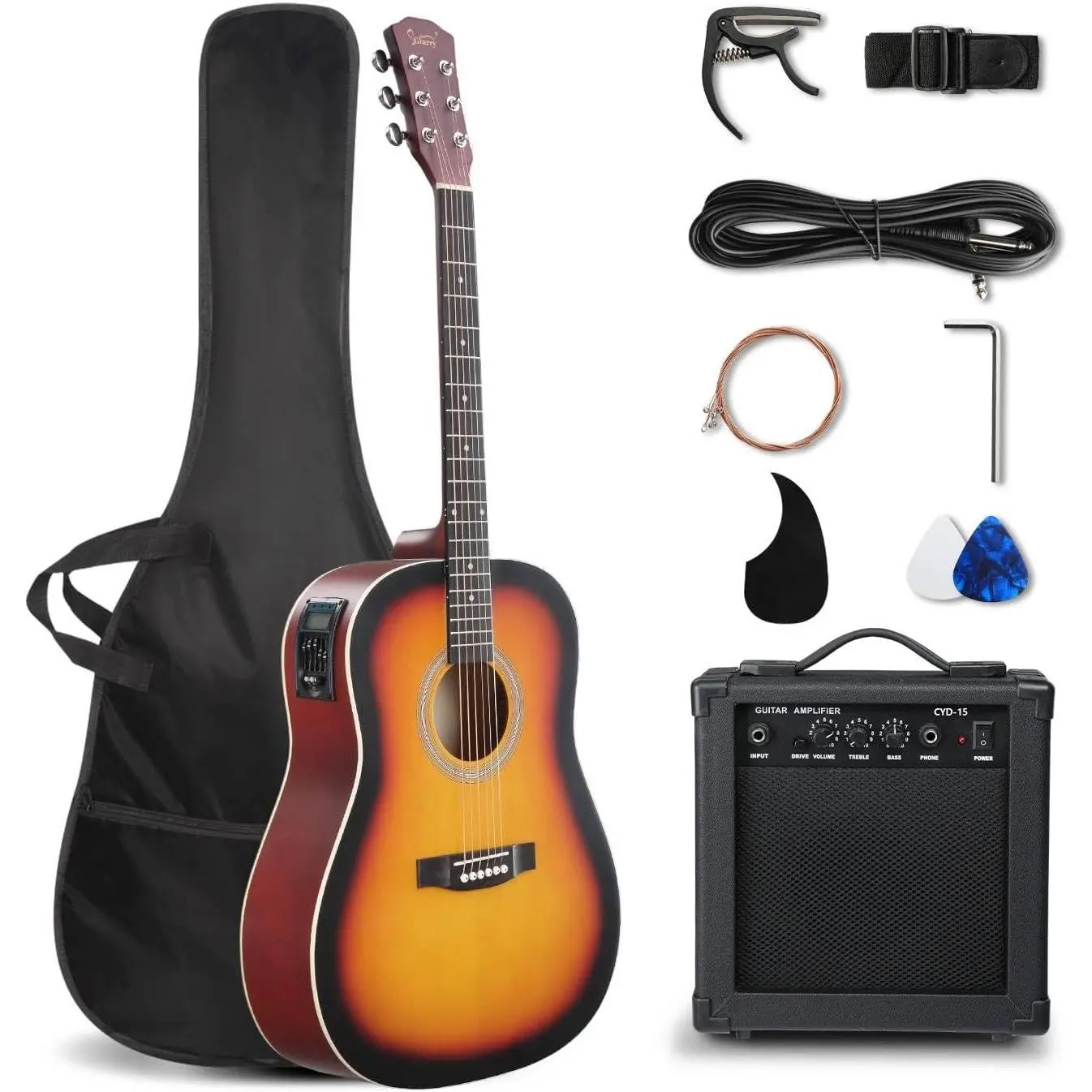 GLARRY 41in Full Size Cutaway Acoustic-Electric Guitar Beginner Kit with 15W Amp, 5-Band EQ, Bag, Strap, Picks, Spare Strings, Wrench, Accessories & Cable (Sunset) TikTok Shop Back to School
