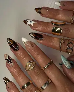 Midnight Rodeo Press On Nails – Tortoise Shell & Gold French Tips, Western Star Nail Art, Luxury Brown Almond Nails, Boho Glam Press Ons