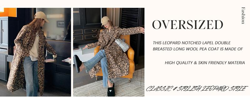 utcoco Womens Leopard Long Wool Trench Coat Notched Lapel Double Breasted Pea Coat Winter Warm Overcoat winter  clothes  women