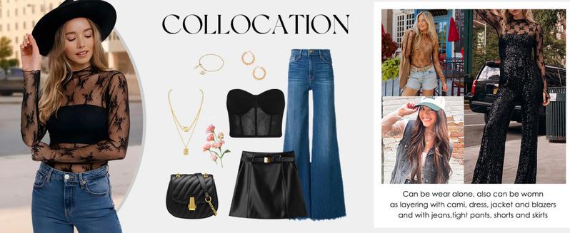 YeeZaa Lace Mesh Floral Boho Tops for Women 2026 Spring Summer Long Sleeve Blouse Sheer Mock Neck Layering Bolero Shrug See Through Cropped Y2K Going Out Tops Fit Elegant Curvy Casual