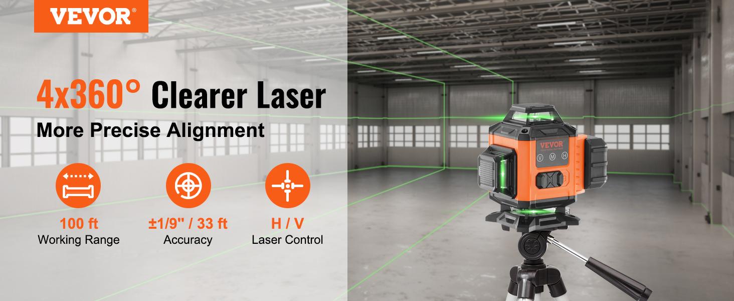 VEVOR Laser Level, TikTokShopBlackFriday, 100ft, Self Leveling Manual Green 4 x 360° Cross 16 Line Laser, IP54 Waterproof Remote Control Manual Self-leveling Mode & 5h Continuous Working Time Line Laser, Battery Include