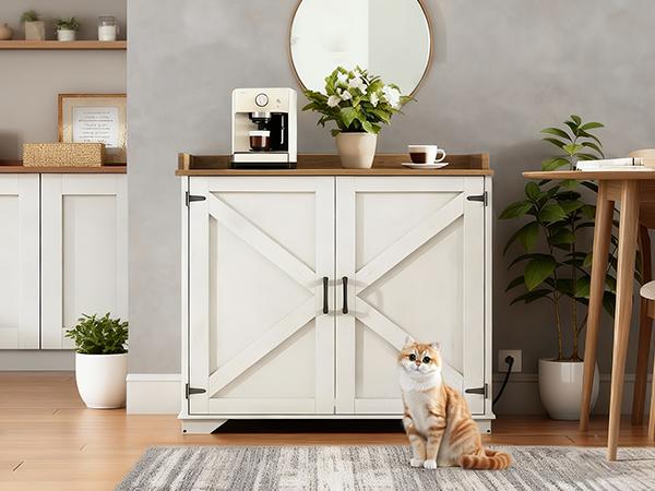 HOOBRO Large Hidden Litter Box Furniture, Litter Box Enclosure with Charging Station and Hooks, Automatic Litter Box Cabinet with Storage Top, Engineered Wood, for Living Room, Cloud White and Walnut