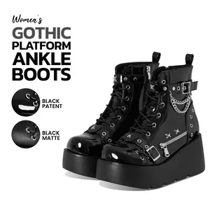 Womens Ankle Boots Round Toe Lace Up Chunky Platform Heel Side Zipper Chain Buckle Studs Goth Combat Motorcycle Concert Rave Party Boots