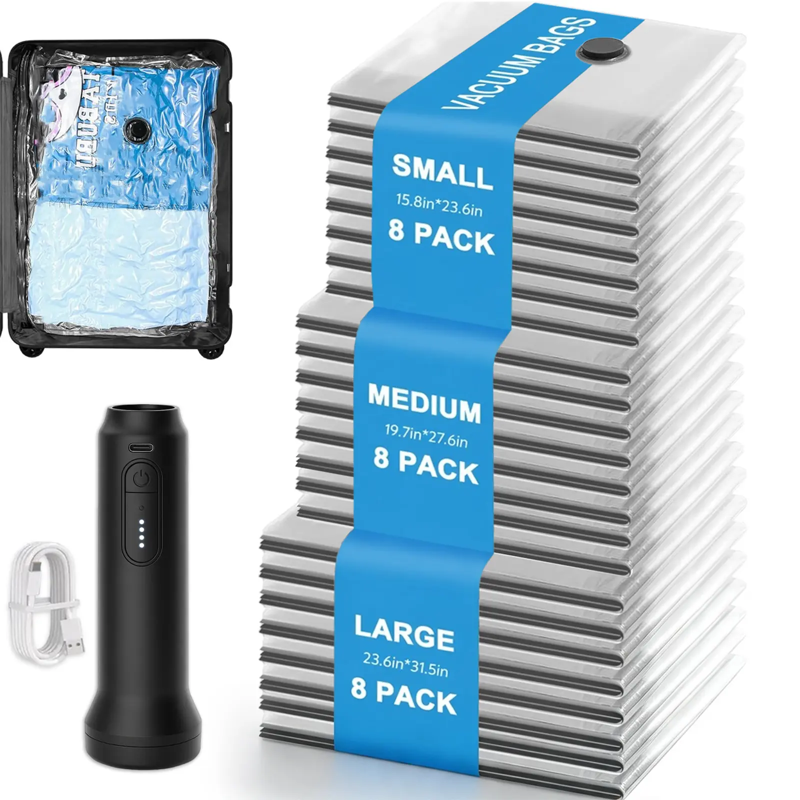 Cordless Travel Vacuum Compression Bag Set for Carry-On Suitcases (Electric Pump)Compressible Travel Bags, Vacuum Packing Kits, Luggage Packing Organiser