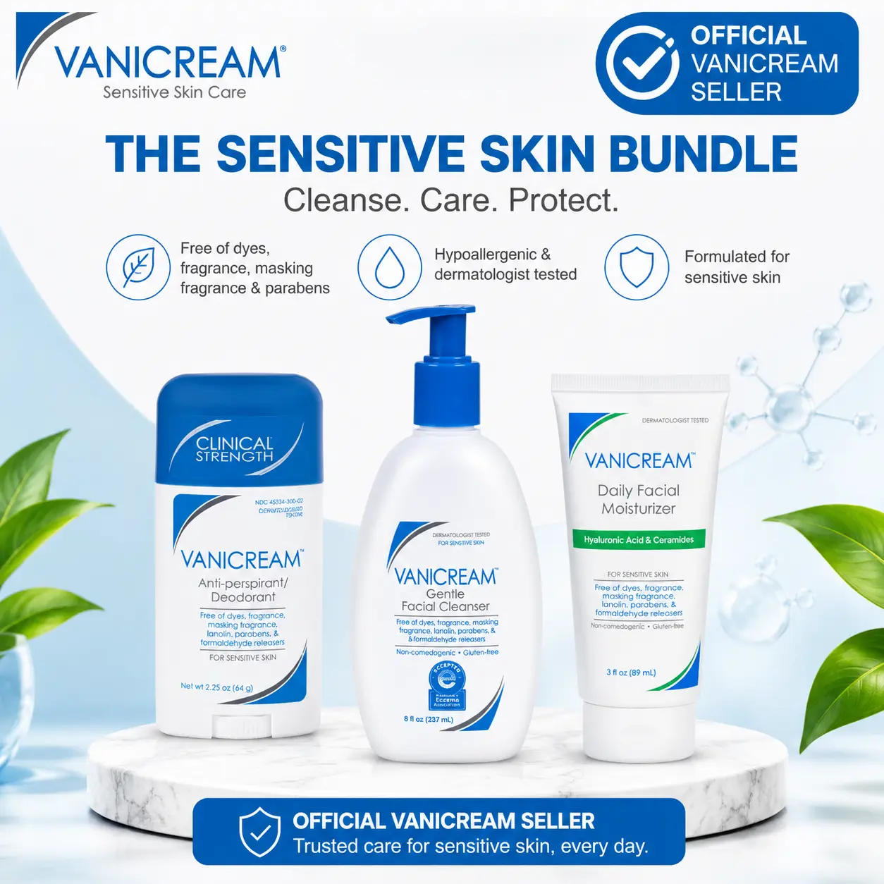 Vanicream Sensitive Skin Essentials Bundle – Gentle Facial Cleanser 8 oz + Daily Facial Moisturizer with Hyaluronic Acid 3 oz + Clinical Strength Antiperspirant Deodorant 2.25 oz