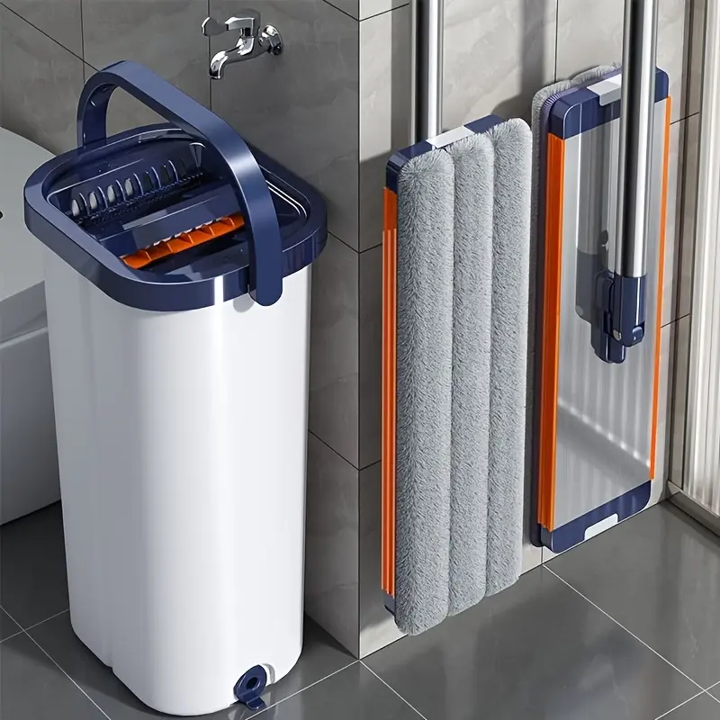 Mop And Bucket With Wringer Set For Home, Sturdy Aluminium Mops For Floor Cleaning, Large Flat Mopping Bucket System, Wall Cleaner With 2 Microfiber Pads, For Cleaning Floors, Windows, Courtyards, And Bathrooms.(Mop + Bucket + 2 Cloths)