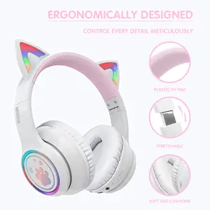 MOKATA Cute Cat Ear Bluetooth Headphones with Multicolor RGB Lights, 45H Ultra Long Battery Life, Fluffy Ear Pads, Foldable Design for Anime Fans Home & Outdoor Use