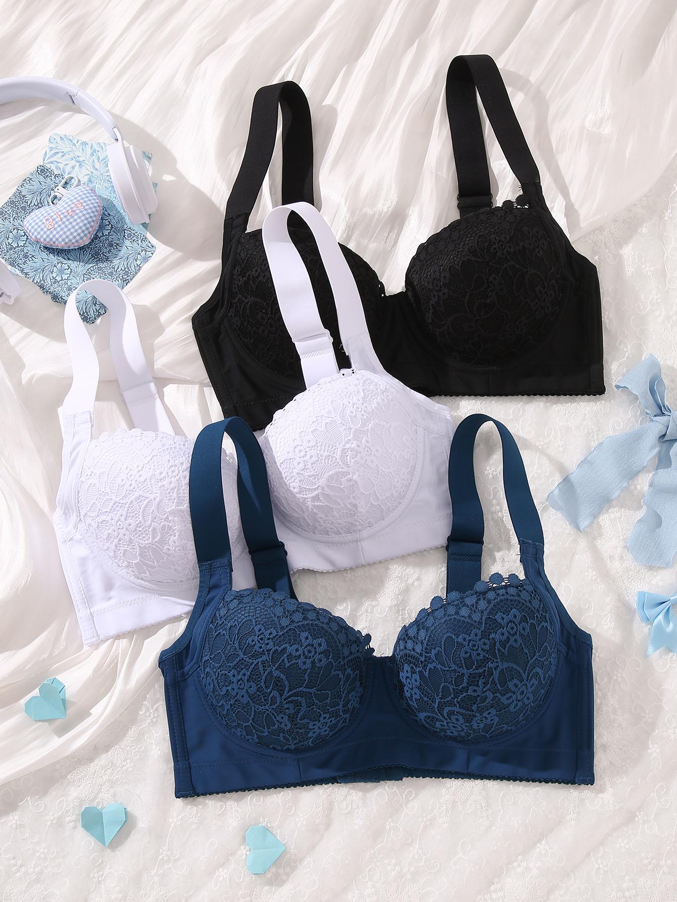 Mimilemon 3PCS Elegant Ladies Bra Non-Detachable Pads Steel Cups Floral Pattern Comfortable All-Day Wear Adjustable Underwear everyday lace Elegance Womenswear Push up bra brasier Aesthetic Style