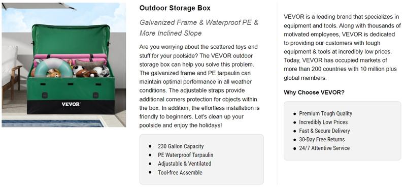 VEVOR Outdoor Storage Box, TikTokShopBlackFriday, 100/150/230 Gallon Waterproof PE Tarpaulin Deck Box w/Galvanized Frame, All-Weather Protection & Portable, for Camping, Garden, Poolside, and Yard, Black & Green Organiser