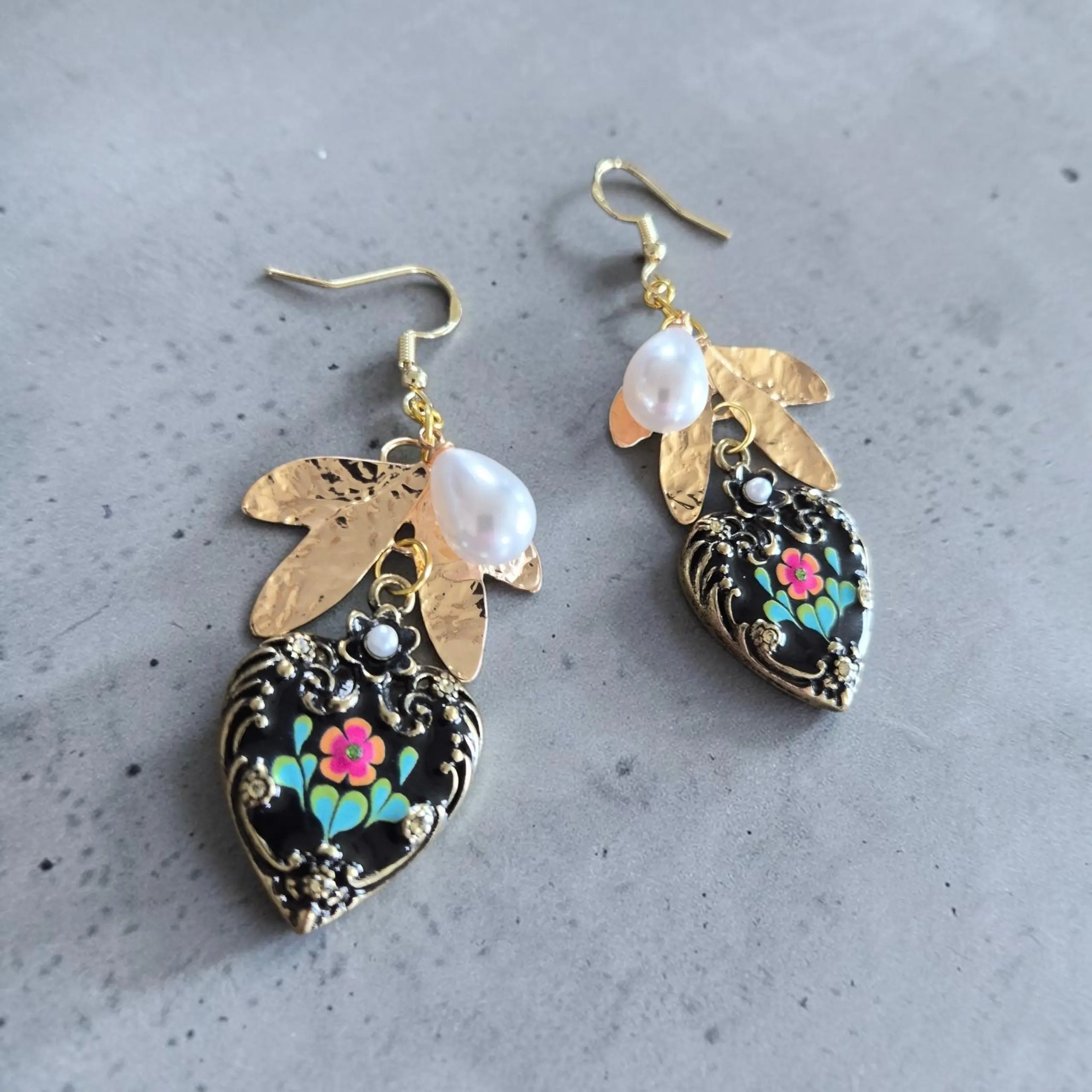 Black Floral Heart Lockets on Golden Dangle Earrings