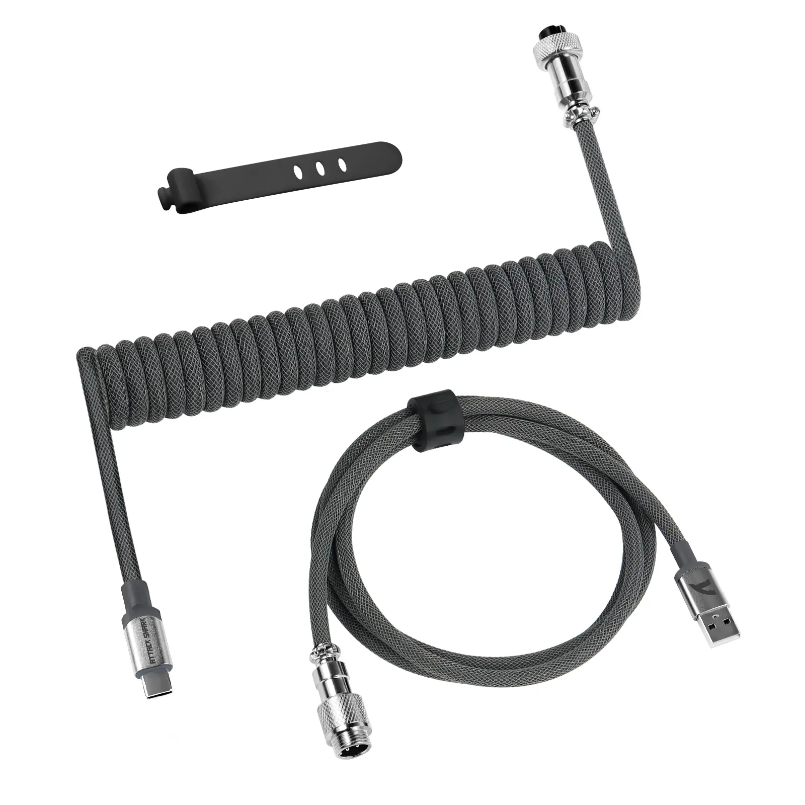 ATTACK SHARK C01 PRO Coiled Keyboard Cable, Custom Coiled USB C Cable for Mechanical Gaming Keyboard,Type-C to USB-A Metal Aviator Cable,Double-Sleeved Braided Charging Keyboard Cable for Mac,PC-Grey