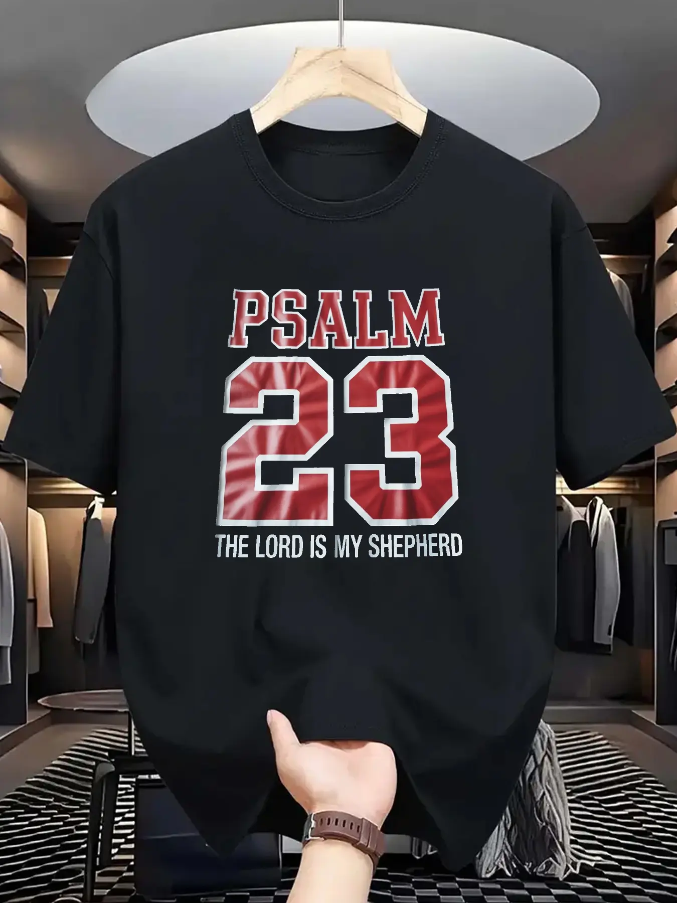 Round Neck Black T-Shirt with Psalm 23 The Lord Is My Shepherd Print for Casual Wear
