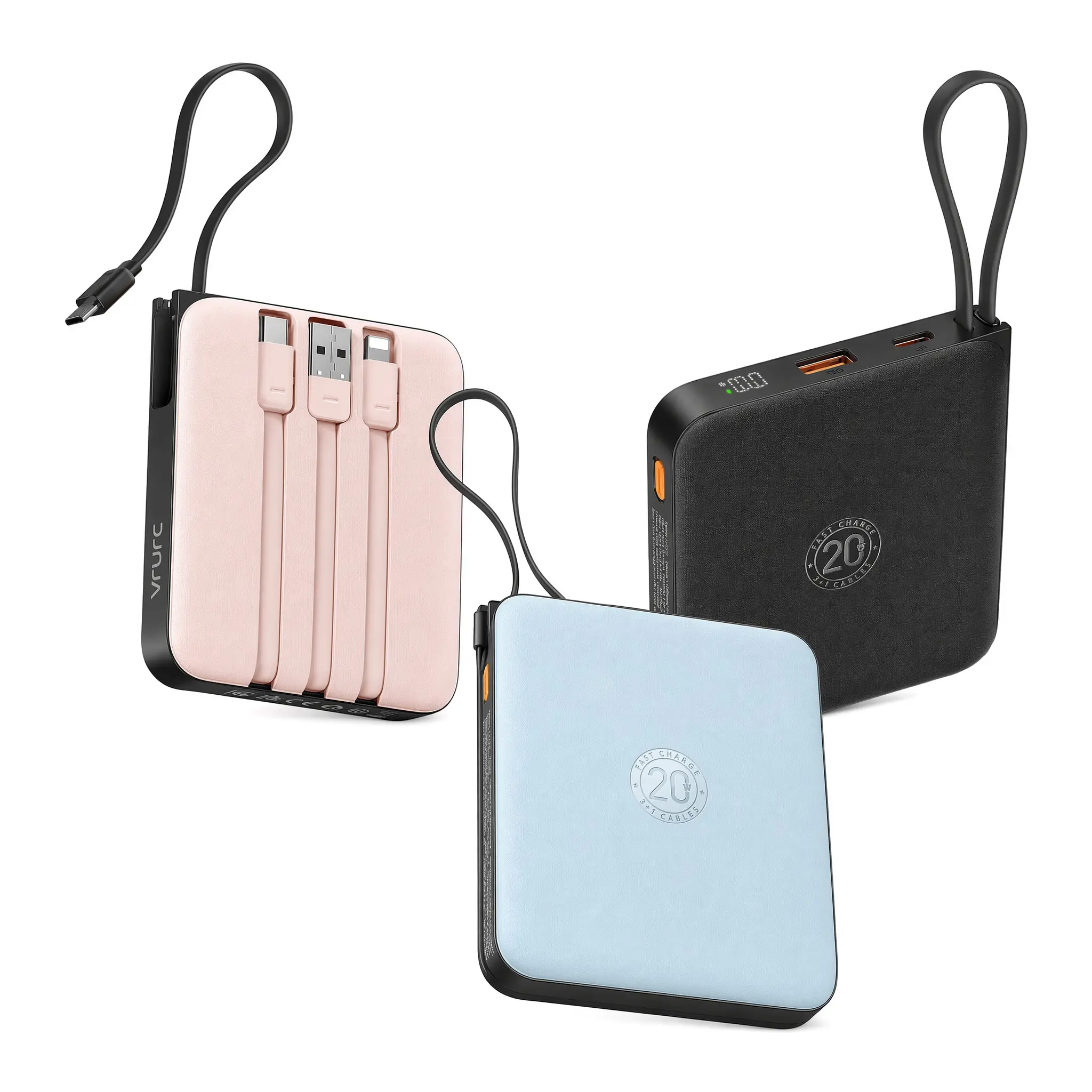 VRURC Ultra-Compact 22.5W Fast Charging Power Bank, 10000mAh Slim Portable Battery, Built-in Cables for Mobile Smartphones & Tablets, Travel Gadgets