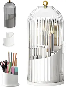 2PCS Makeup Brush Holder with Lid,Makeup Brush Storage Box with Diamond Pattern,360 Rotating Waterproof and Dustproof Beauty Brushes Storage for Vanity Bathroom,White