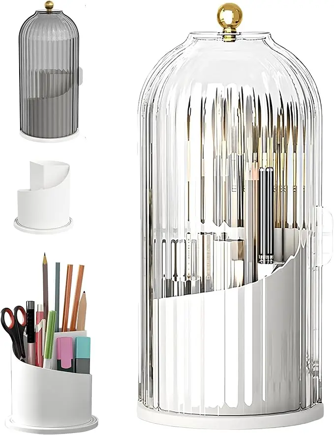 2PCS Makeup Brush Holder with Lid,Makeup Brush Storage Box with Diamond Pattern,360 Rotating Waterproof and Dustproof Beauty Brushes Storage for Vanity Bathroom,White