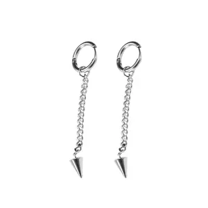 Long Chain with Spike Dangling Huggie Hoop Earrings - Pair - Stainless Steel