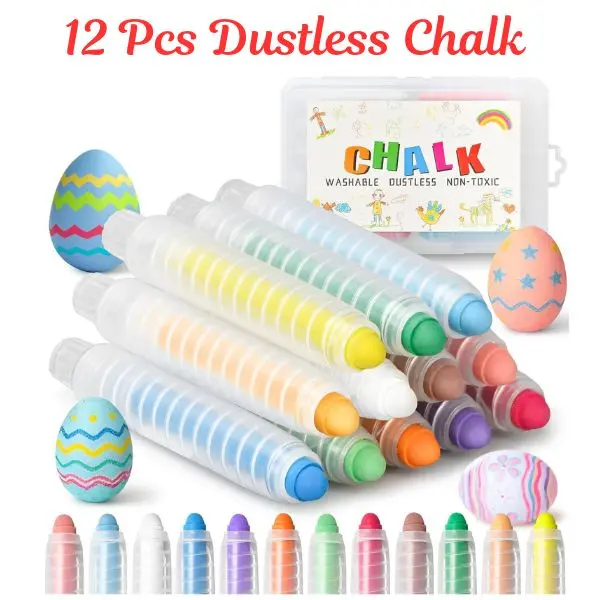 12 PCS Unisex Dustless Sidewalk Chalk - Safe for Children, Washable Non-Toxic Outdoor Art Supplies for Kids 3+ Yrs to 12 Yrs, Easy-to-Clean Easter Basket Stuffers for Learning & Creativity