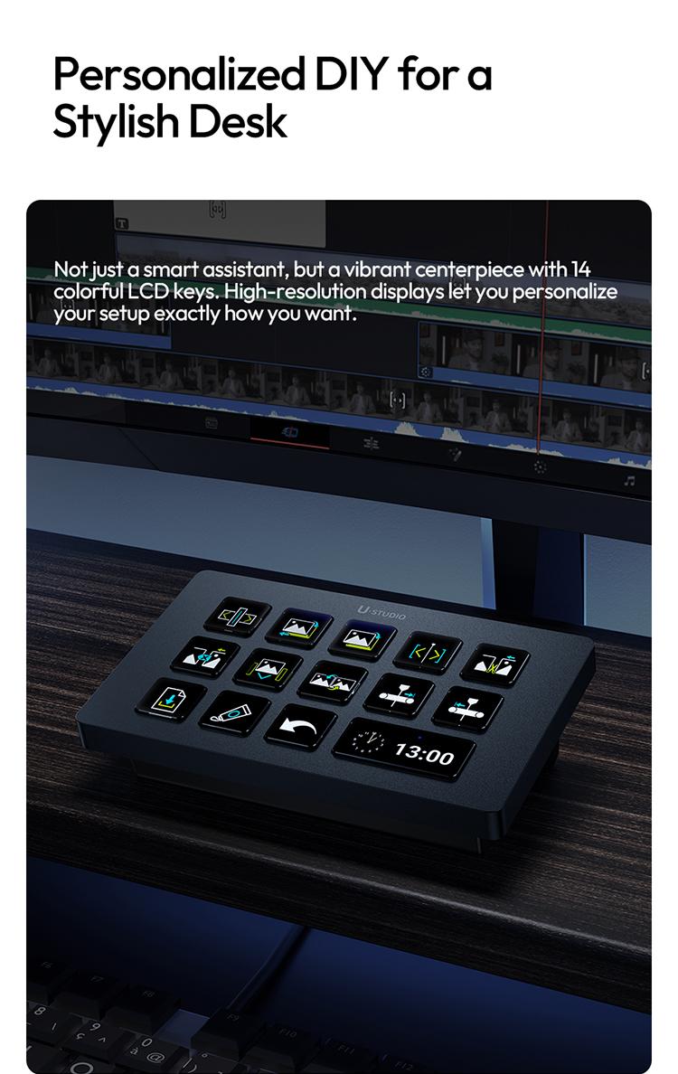 Ulanzi D200H Gaming Stream Controller,Control Pad, 7-in-1 Deck U-Studio Stream Controller Keyboard，with 14 LCD Keys, 13 Customizable Macro Keys Dock to Control Apps and Software, Trigger Actions in OBS, Twitch, YouTube, for Mac/PC