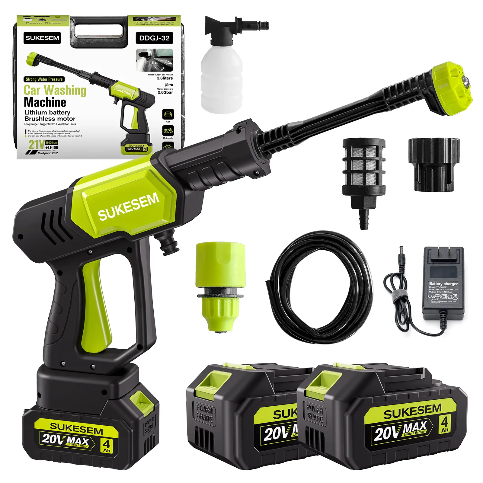 SUKESEM Cordless Portable Pressure Washer with 2 Batteries, 1100 PSI Battery Powered Power Washer with Brushless Motor, 6-in-1 Nozzle & 3 Adjustable Pressure Levels, Handheld Portable Washer for Car, Home, Patio, Driveway, Fence & Garden Cleaning
