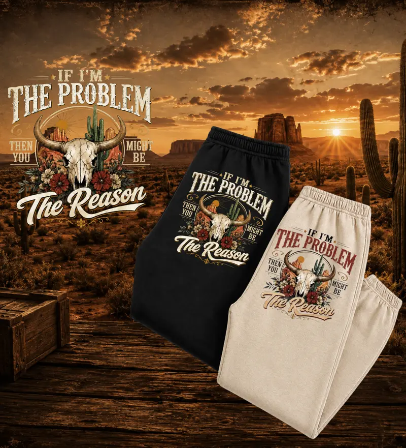 Unisex Vintage Western Cow Skull Joggers, "If I'm The Problem, Then You Might Be The Reason" Graphic Sweatpants, Heavy Blend Fleece Casual Streetwear Style, Gift For Friends