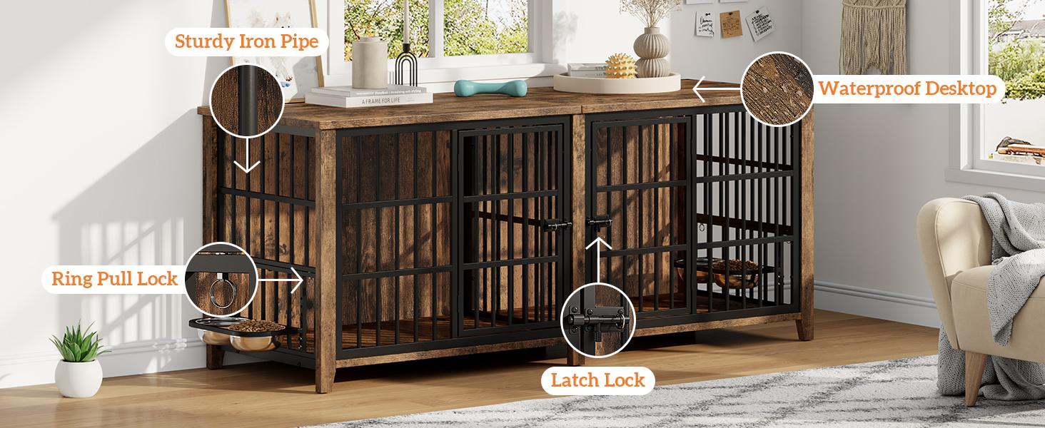 Aowos Wooden Dog Crate Furniture, Stylish Dogs Kennel for Small to Extra Large, Double Door & A Cushion & 360° Wheel, Single Door & 2 Bowels, 27''/32''/38''/44'', Metal, Chew-Proof Design, Dog Cage