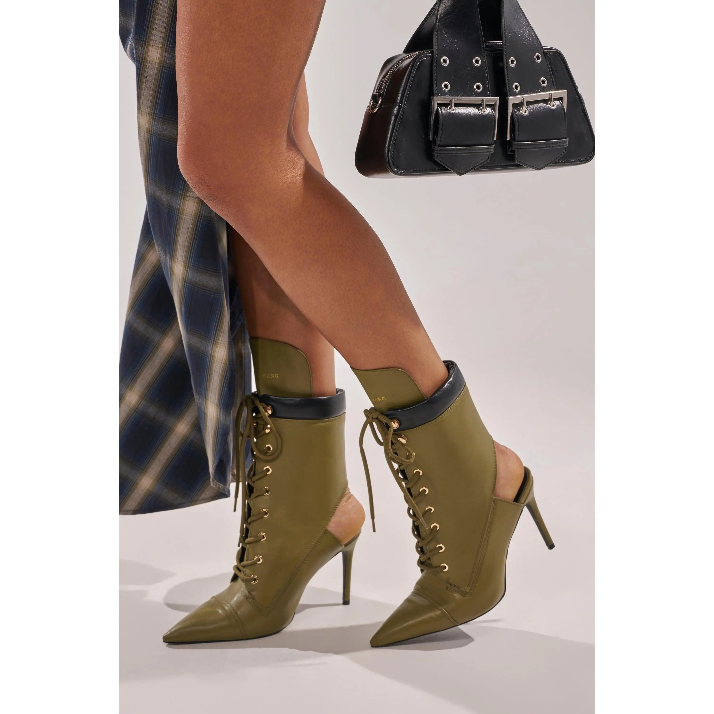 AZALEA WANG XIOMARA OLIVE LACE UP STILETTO BOOTIE