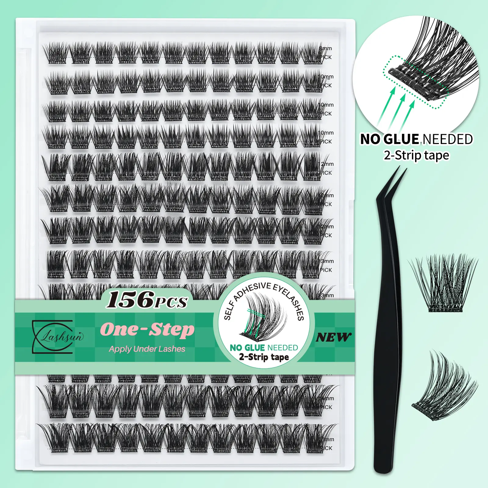 Lashsun Self Adhesive Eyelashes, 156 Pcs D Curl Self Adhesive Eyelash Clusters, No Glue Needed, Invisible 2-Strip Tape - Longer Lasting, No Sticky Residue Pre Glued Eyelashes