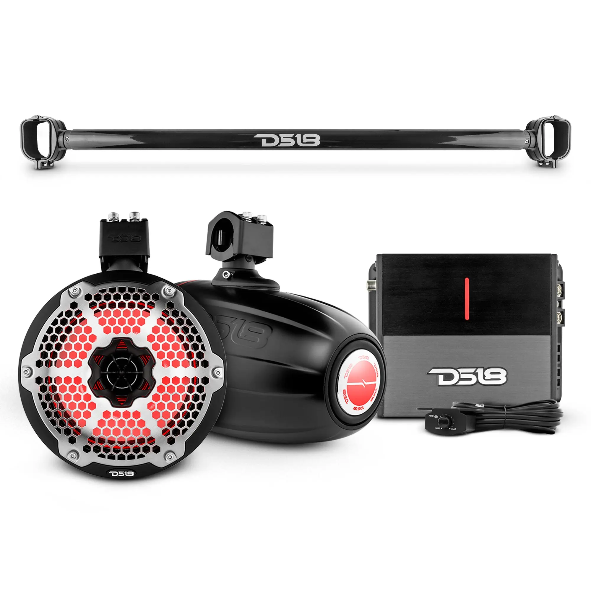 DS18 6th Gen Bronco Tube Mount Marine Tower Speaker Bundle Pack - 8" Marine Speakers, RGB Lighting, Amplifier, Marine Towers