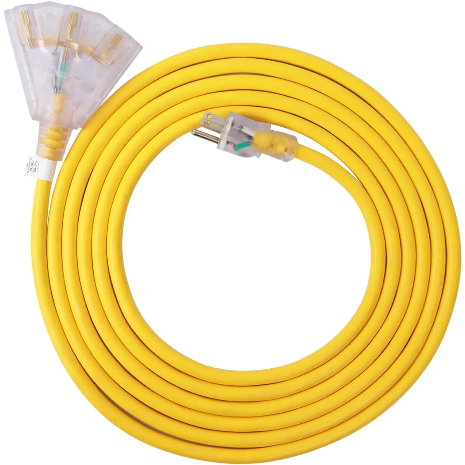 25 Ft Lighted Outdoor Extension Cord - 14/3 SJTW Heavy Duty Yellow Cable with 3 Prong Grounded Lighted Plug, 3 Electrical Power Outlets for Lawn Garden, Home Appliances