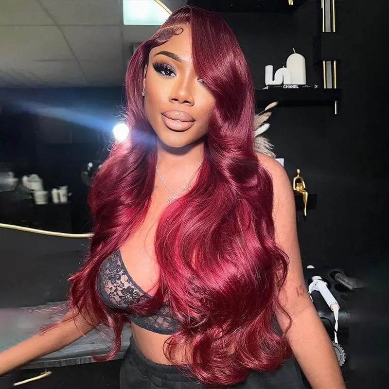 99J Burgundy Lace Front Wigs Human Hair 13x6 HD Transparent Body Wave Lace Frontal Wigs Pre Plucked Wine Red Human Hair Wigs