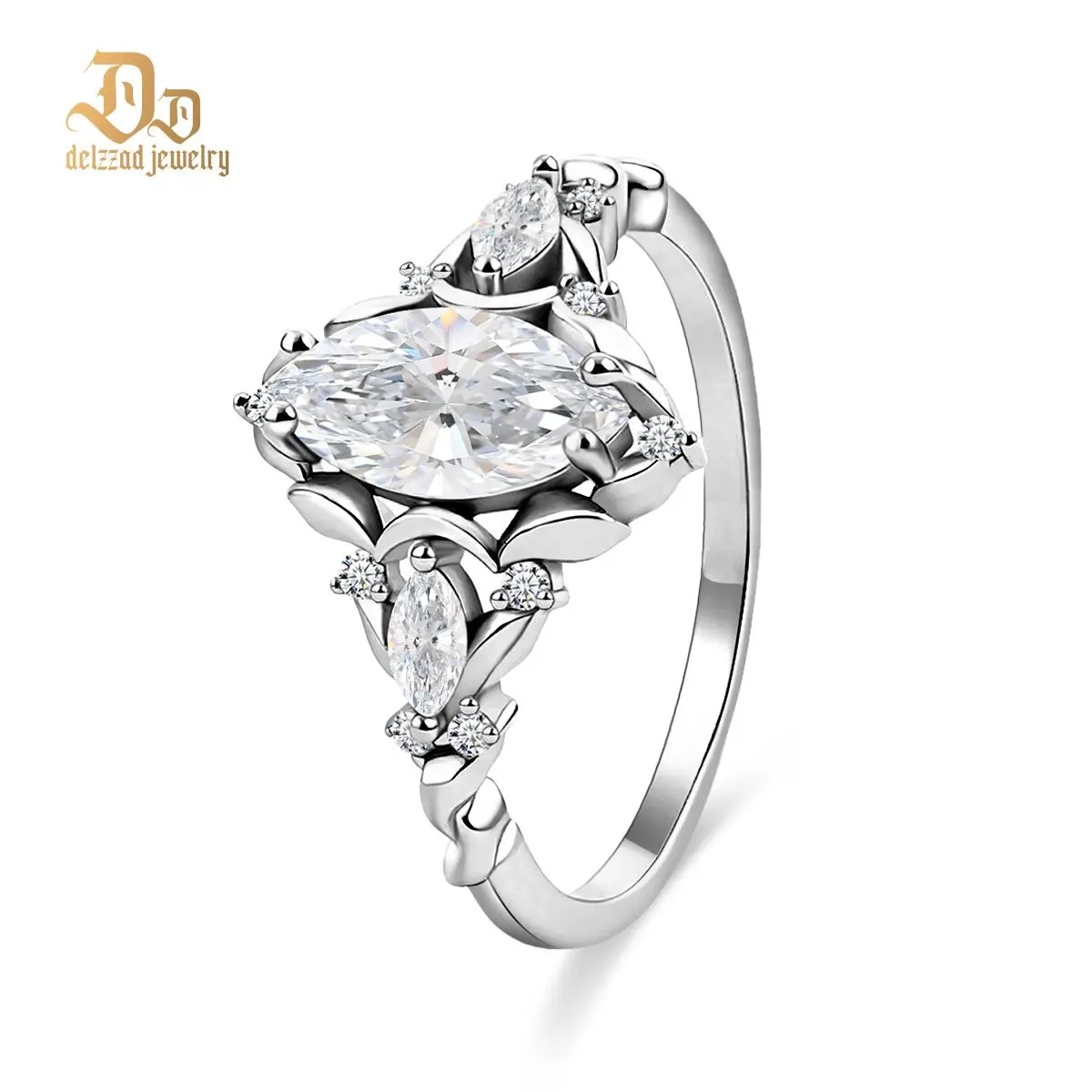 DELZZAD S925 1ct Vintage Marquise Cut Engagement Ring Synthetic Moissanite Ring Jewelry Perfect Birthday Engagement Wedding Anniversary Christmas Valentine's Day Gift
