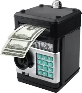 Electronic Piggy Bank Code Lock for Kids Baby Toy, Mini ATM Safe Coin Cash Banks Real Money Saving Box with Password, Auto Money Scroll for Children,Boys Girls Birthday Gift (Black)