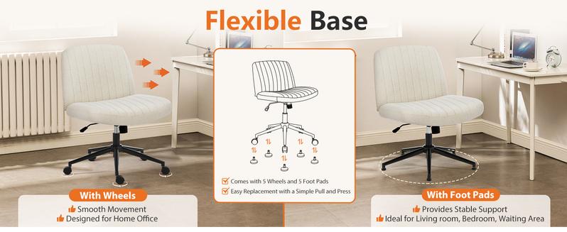 Furnest Furniture Indoor Furniture Chairs Criss Cross Office Chair with Wheels, Wide Armless Home Office Desk Chair with Dual-Purpose Base, Swivel Adjustable Task Vanity Computer Chair