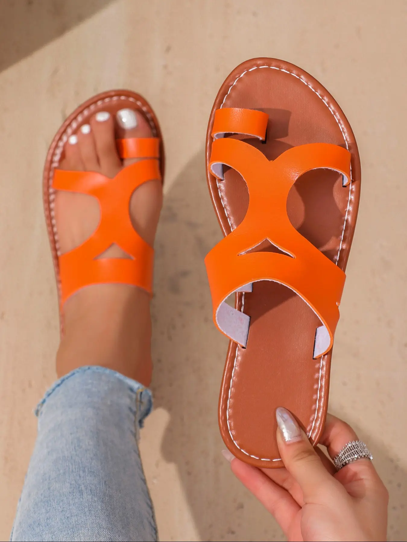 Women's Fashion Beach Sandals, Casual Outdoor Flat Slip-Ons, Summer Shoes, Flats Sandals, Solid Color Versatile Rubber Sole PU Leather Sandals, Open Toe Sandals
