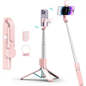 Selfie Stick with Rechargable Remote & Light (1PC), Tripod for iPhone, Cell Phone Stand for Video Recording, Portable Travel Essentials Smartphone Mount Holder, Extendable Vlogging Filming Accessories