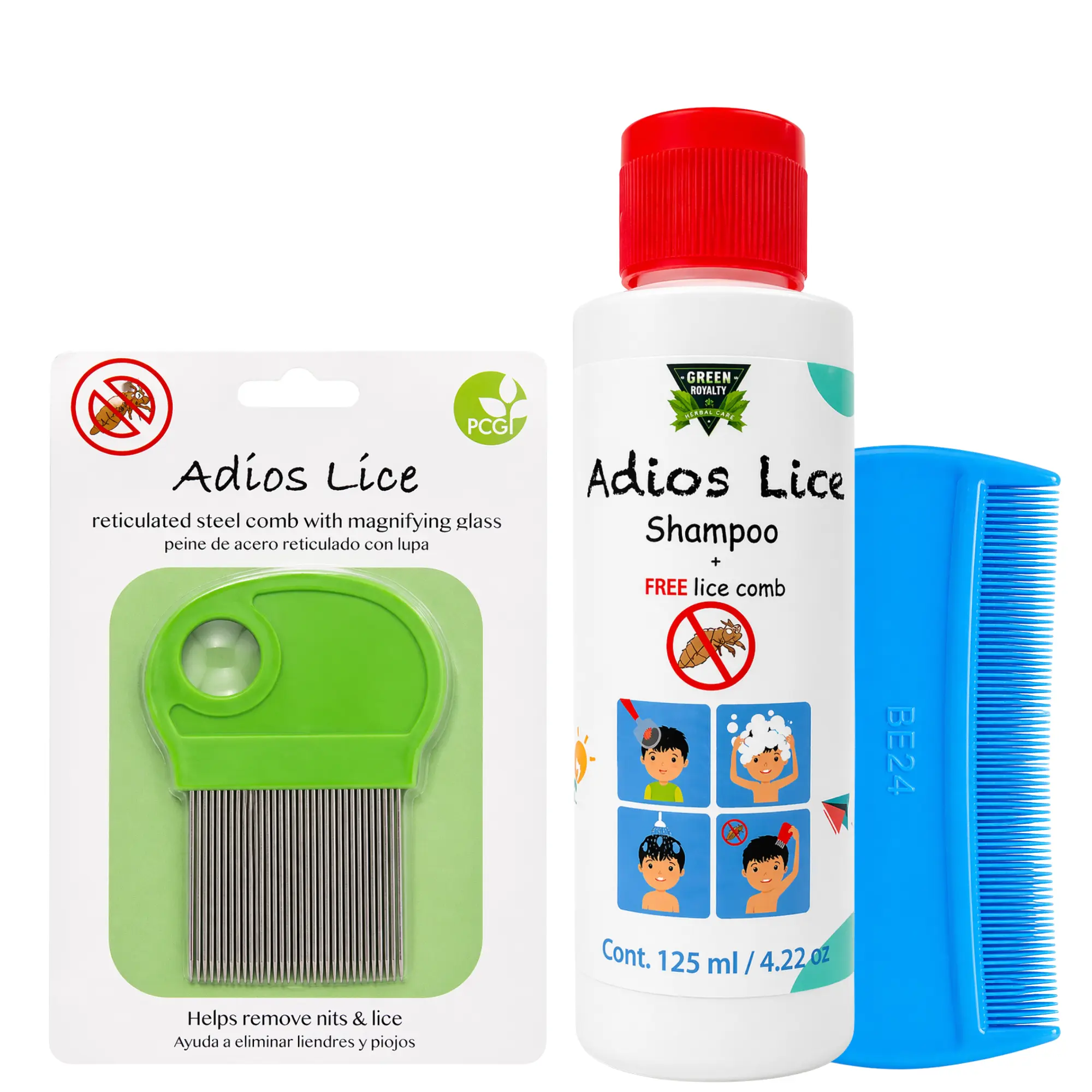 Green Royalty Adios Lice Liquid Shampoo (125ml) - Unisex Gentle Hair Treatment for Lice Infestation, Anti-Itch, Includes Reticulated Steel Comb, Magnifying Glass, Haircare Conditioner
